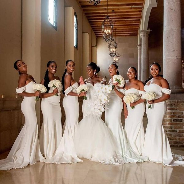 

african off shoulder white mermaid bridesmaid dresses 2020 plus size sweep train wedding guest dresses simple vestidos de fiesta, White;pink