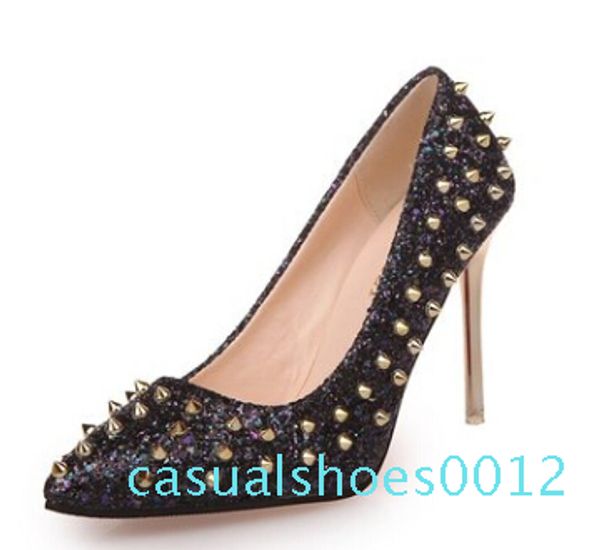 

brand shoes red sloe women pumps high heel shoes rivet pointed toe fine heel lady wedding shoes bottom for the red fashion party 12c, Black