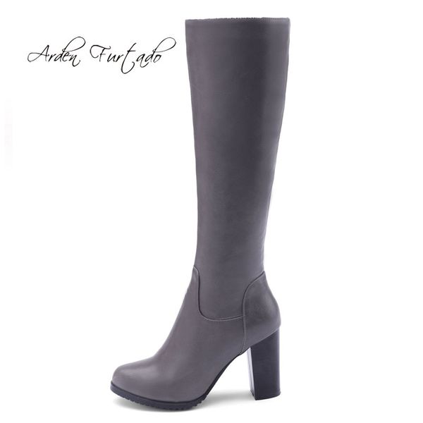 

arden furtado fashion women's shoes in winter 2019 round toe chunky heels zipper knee high boots leather office lady classics, Black