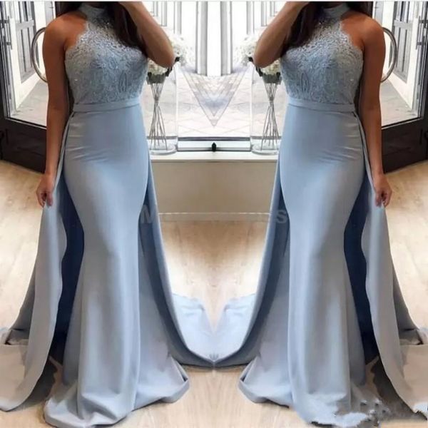

2019 new light sky blue halter lace appliques mermaid prom dresses sleeveless open back formal party gowns plus size custom made, Black
