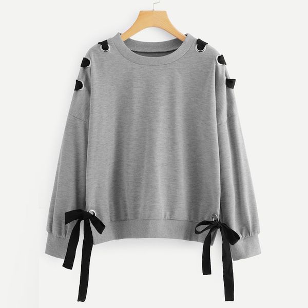 

women bandage sweatshirt autumn clothes casual solid long sleeve drop shoulder knot side kawaii japanese sweatshirt moletom, Black