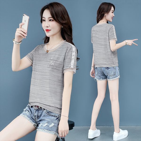 

striped female 2020 loose short sleeve small western style all-match casual striped t-shirt female t-shirt 2020 loose short sleeve small, White