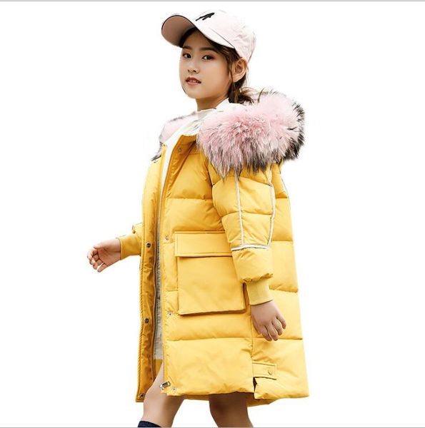

winter clothes girl down jacket 2019 new baby winter coat fur collar thick velvet jacket kids long warm coat teenage clothing, Blue;gray