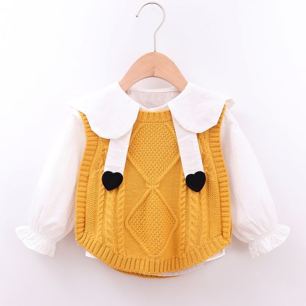 

autumn cotton soft kids blouse baby girl long sleeve shirts kids cute knitted sweater vest casual outfits set, White