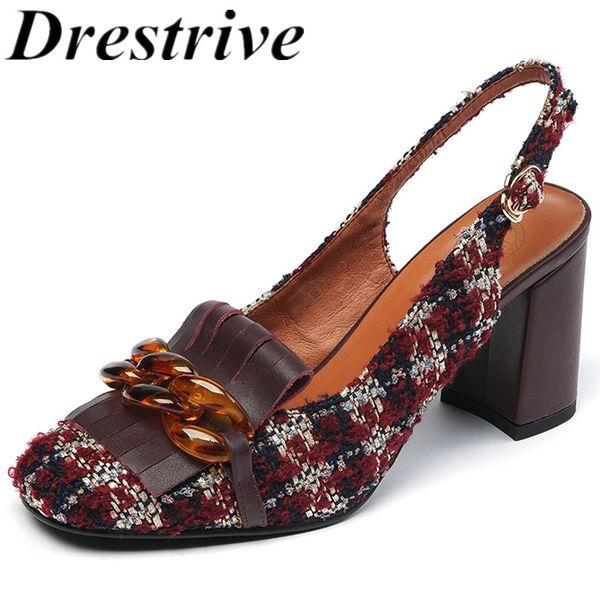 

drestrive women's pumps square toe high heels buckle 2020 summer female high heel shoes flock chain dark blue dress, Black