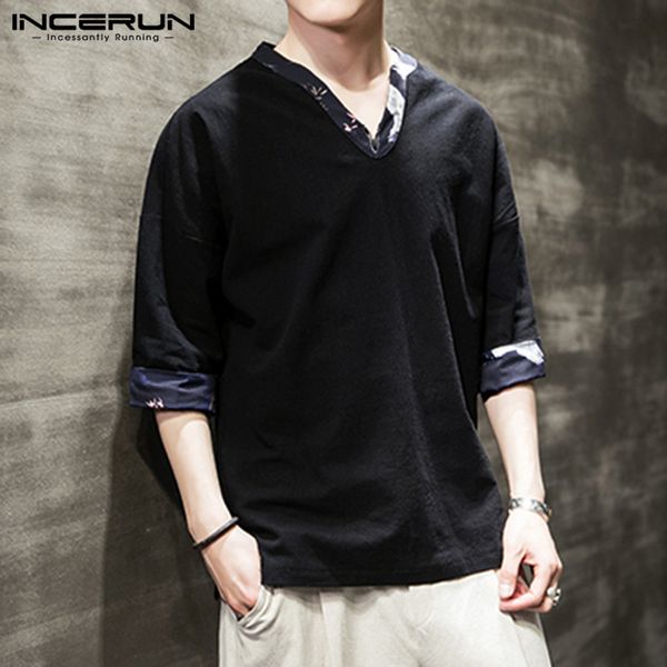 

incerun vintage cotton print patchwork shirt men 2020 half sleeve v neck casual camisa streetwear mens retro blouse, White;black
