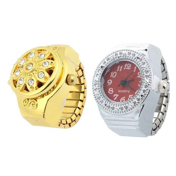 

2 pcs women's round dial ring watch: 1 pcs quartz ring watch silver & 1 crystal flower decor elastic band finger watch, Slivery;brown