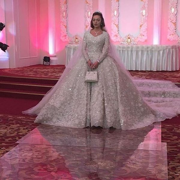 

sparkly lace ball gown wedding dresses luxury crystal beaded puffy dubai arabic bridal gowns long sleeves plus size wedding dress custom, White