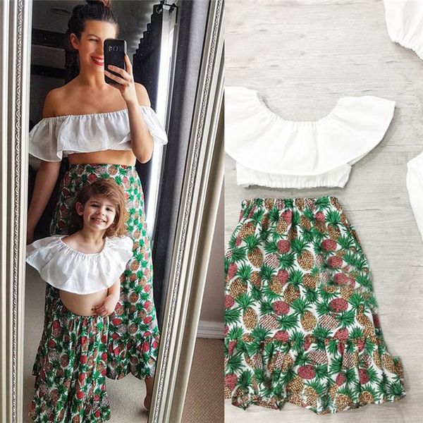 

семья соответствующие одежда мать и дочь одежда boho пляж летнего отдыха цветочные родитель-ребенок платье комплект топ и юбка набор, Blue