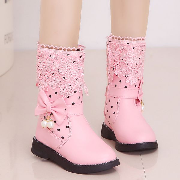 

children boots spring lace bow mid-calf fashion side zipper boots princess winter new flats dress outdoor shoes girl homme boot, Black