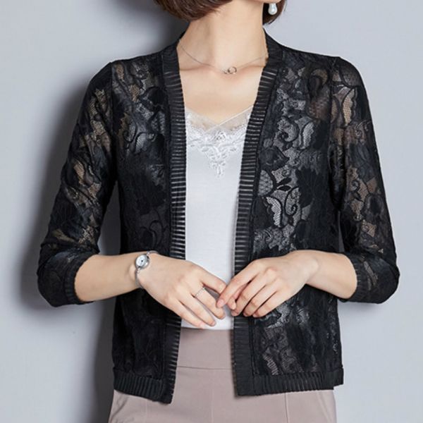 

women's jackets fashion lace cardigan coat black seven-point sleeves hollow loose sunscreen clothing women, Black;brown