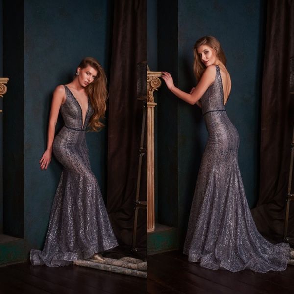 

2019 latest prom dresses deep v neck backless lace charming mermaid evening wear sweep train party gowns special occasion dresses, Black