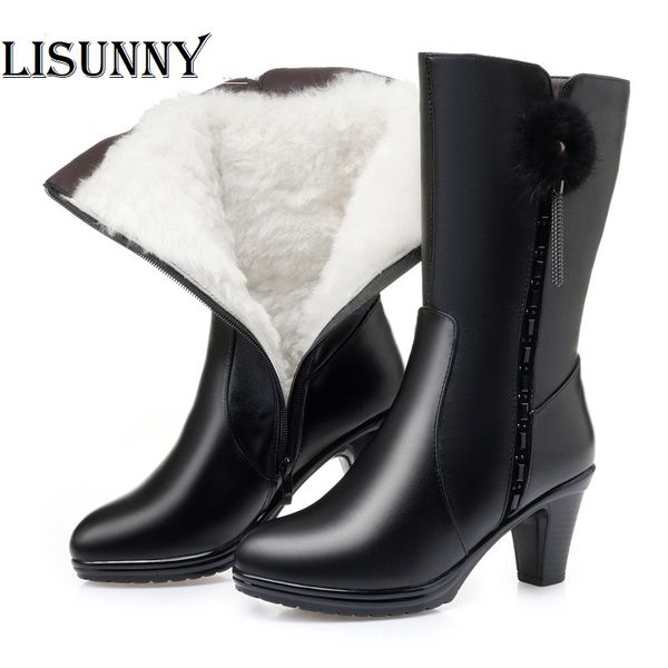 

snow long boots women 2020 ladies hair high heels boots banquet stylish warm wool women winter, Black