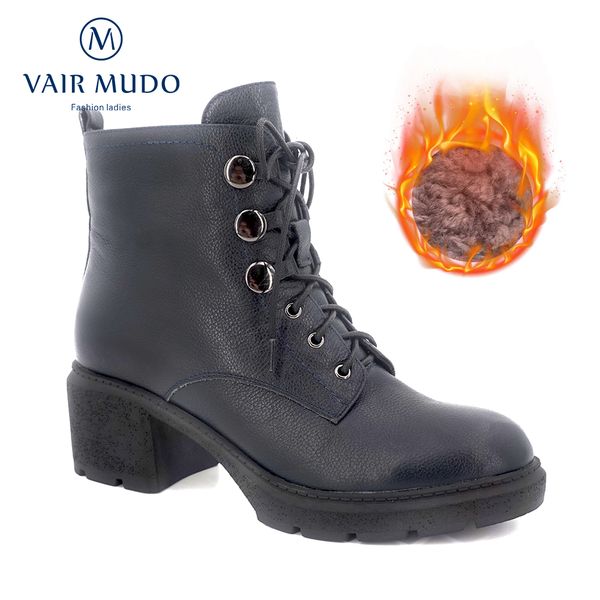 

vair mudo new brand fashion women ankle boots shoes dark blue genuine leather women platform boots warm and velvet lace up dx56, Black