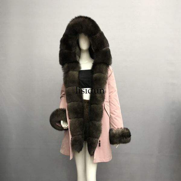 

2019 natural fur coat silver collar plus size long winter jacket rex liner red hooded thick warm parks disass, Black