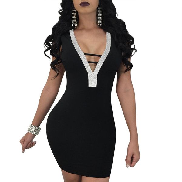 

women deep v-neck bodycon dress 19ss summer sleeveless sequins party mini dresses clothes, White;black