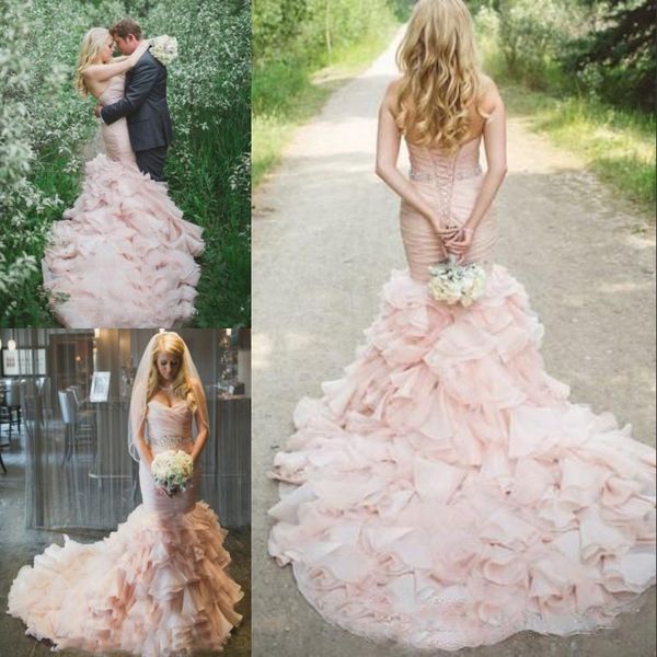 

elegant country pink long mermaid wedding dresses sweetheart special design train sash with crystal bridal gowns, White