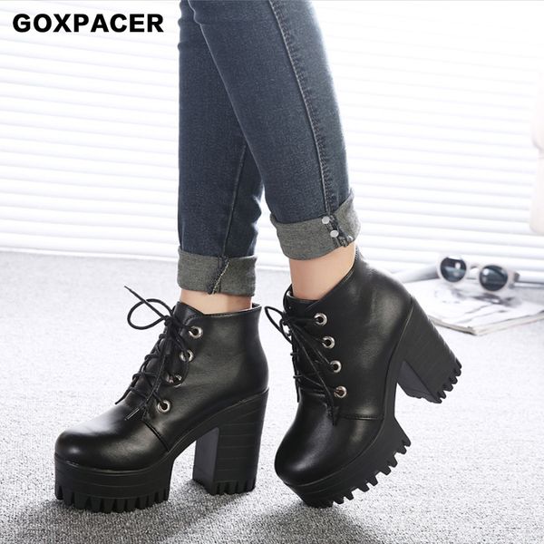 

goxpacer 2019 women's round head, high heel, thick bottom waterproof platform, muffin, coarse heeled shoes with boots, Black