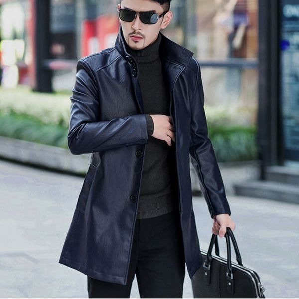 

long leather mens jacket 2019 autumn long faux leather windbreaker british style pu coat slim overcoat jacket jaqueta de couro, Black