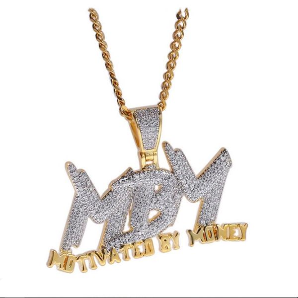 Men Strings Iced Out Bling CZ Banhado a ouro 18K MBM Motivated By Money Carta Pingente Colar Hip Hop Joias Corrente Presentes