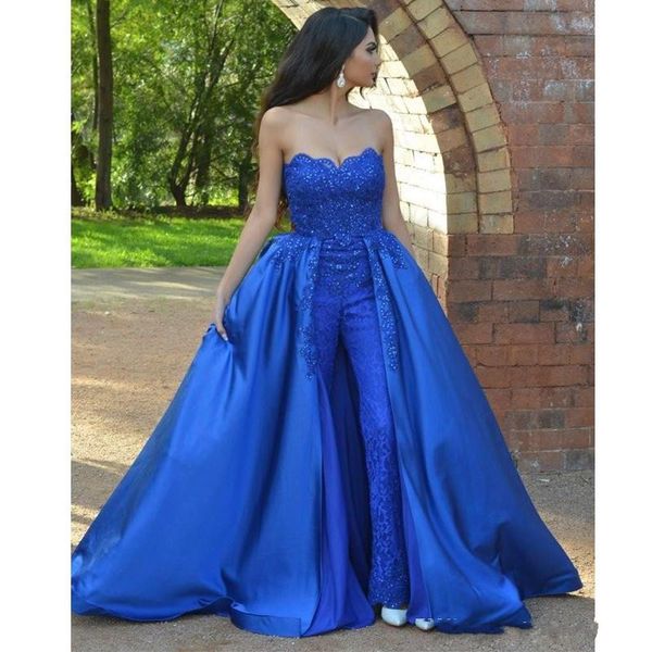 Königsblaue Jumpsuits Spitze Ballkleider Schatz Perlen Überrock Applizierte Abendkleider Sweep Zug Abendkleid Vestidos De Fiesta