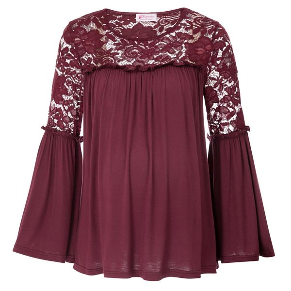 

women maternity long bell sleeve crew neck lace patchwork black/wine s~2xl, White