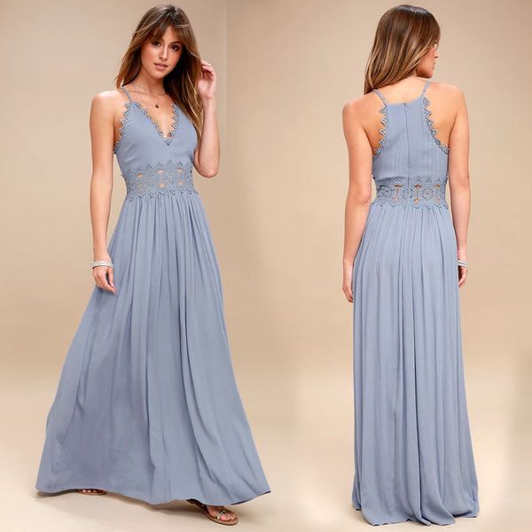 

Wedding Party Dress Bridesmaid Summer Women's Solid Color Hollow Deep V-neck Sling Slim Pleated Dress Long Simple Prom Vestido