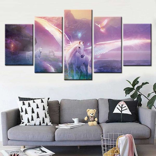 

5 pieces hd print wall art fantasy forest poster canvas painting unicorn abstract animal wall pictures living room home decor