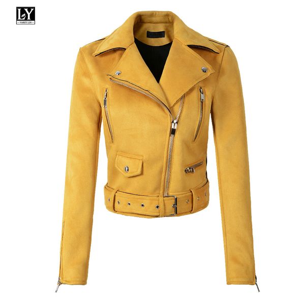 

ly varey lin women suede motorcycle jacket army green turn-down collar short design zipper soft faux leather female punk jacket, Black