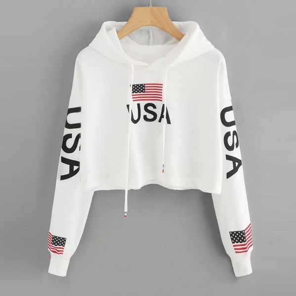 

usa short sweatshirt hoodies women sudadera mujer american flag print pullovers hoody 2019 fashion moletom feminino d90520, Black