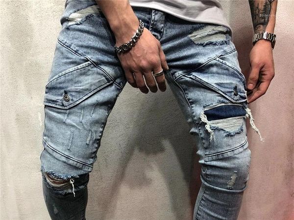 

males fashion pencil pants new ripped males long jeans pants pathwork designer mens jeans holes style, Blue