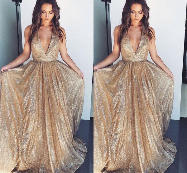 

sparkly gold sequins prom evening dresses a line deep v neck halter ruched floor length bridesmaid party pageant formal gowns, Black
