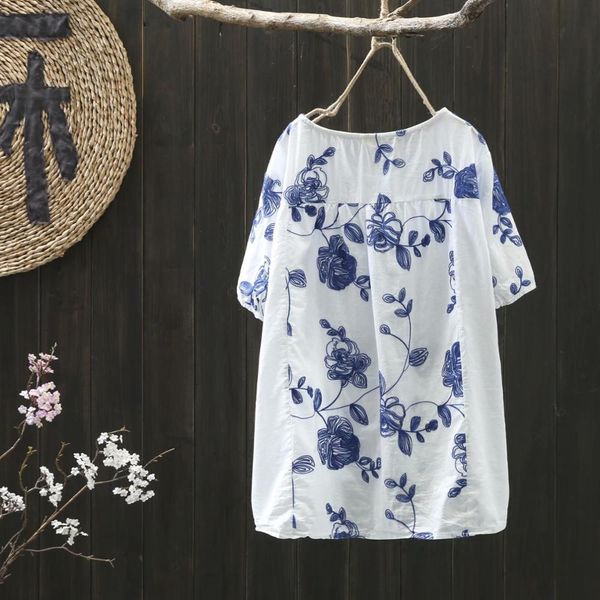 

wynne gadis summer indie folk ink embroidery shirts o-neck collar short sleeve loose blouse for women's clothing, White