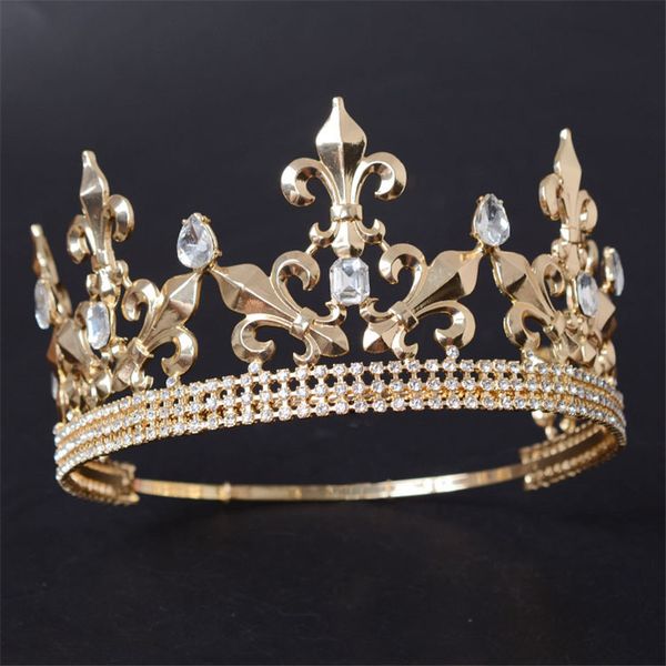 

adjustable round gold/silver wedding king tiara crown headpiece for men party hair ornaments rhinestone head jewelry accessories, Golden;white