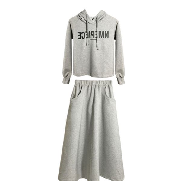 

women loose casual suit skirt + long sleeve hoodies bottoms set set wear, White