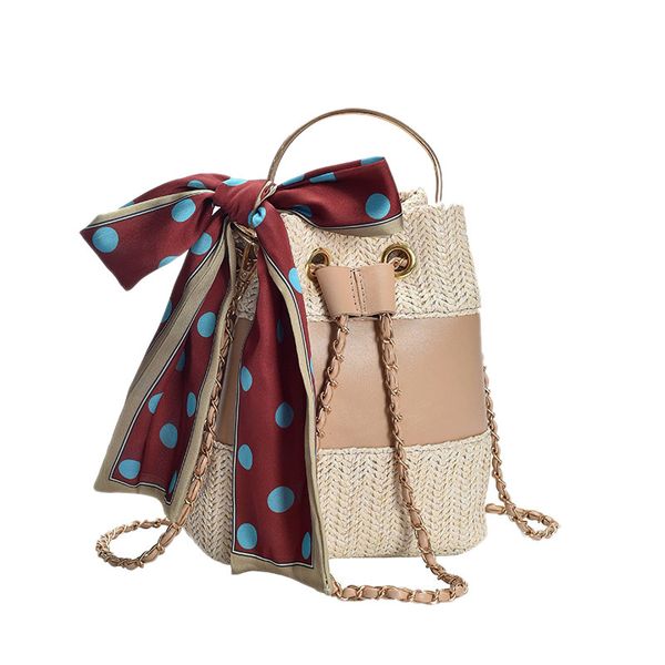 

women's vintage polka dot bow weave shoulder bag rattan straw scarf crossbody bag bohemian beach