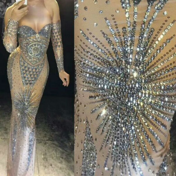 

sparkly стразы nude длинное платье sexy ночной клуб full stones long big tail платье костюм пром день рождения празднуйте платья, Black;gray