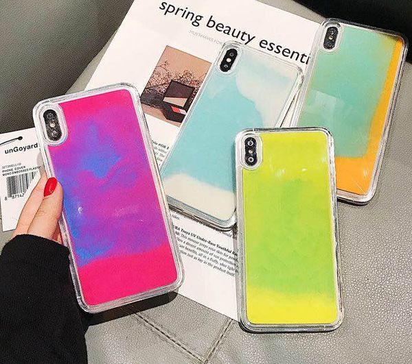 areia movediça para o iPhone 11 Pro Max XS MAX XR X 8 7 6 Plus fluindo Neon Areia Líquido de Proteção Integral Corpo Com Levantado Caso fulgor de Bisel