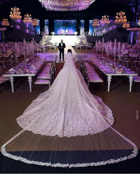 

luxury wedding veils white ivory cathedral length lace appliqued 5m long bridal veil with comb beads, Black