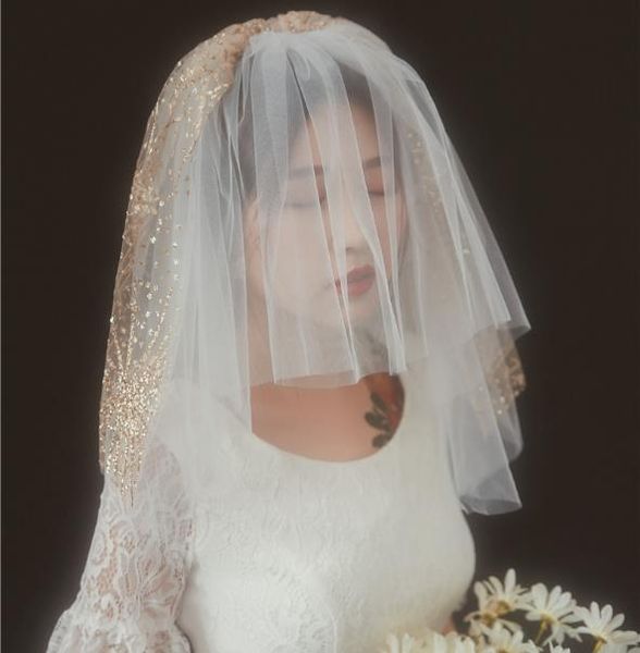 3t Short Wedding Veil With Comb 2019 Gold Sequins Blusher Bridal