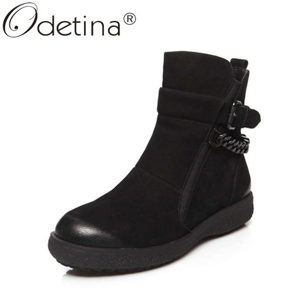 

odetina women fashion round toe cow leather chain ankle boots lady side zipper block low heel buckle strap thick fur short boots, Black