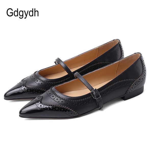 

gdgydh 2020 spring pointed toe vintage oxford shoes for women flat heel black genuine leather british style buckle high quality