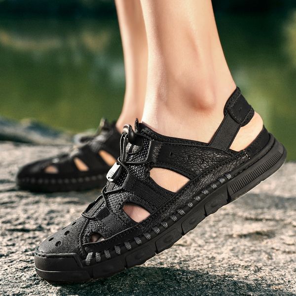 

big size leather summer sandals beach men comfortable walking footwear shoes breathable outdoor sandals, Black
