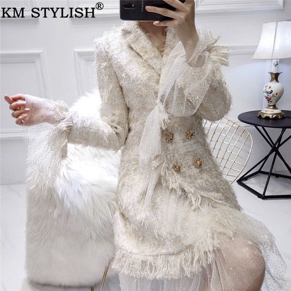 

tweed coats women winter new diamond buttons 2019 fashion mesh lapel collar long female lurex double breasted tassel woolen coat, Black