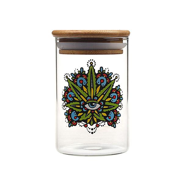 Yimi Vidro 420 Pattern Acessórios Arco-íris E Nuvem Airtight vidro Herb Container Herb Jar Food Coffee Jar com tampa de borracha Selo de bambu