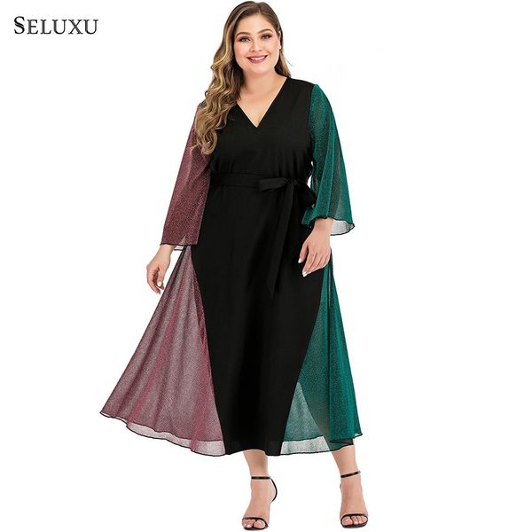 

seluxu 2019 new autumn plus size women dress patchwork color vestidos dress long sleeve v neck large sise women, Black;gray