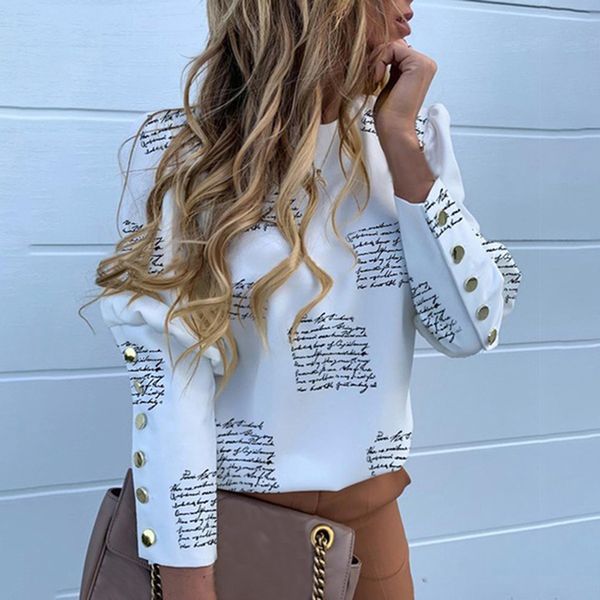 

2020 elegant blouse shirts office lady spring puff shoulder metal buttons detail blouses women letters print long sleeve, White;black