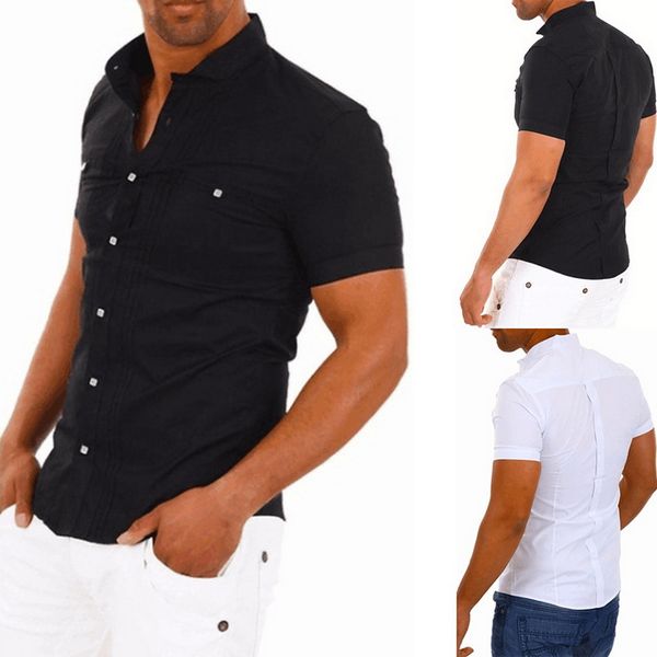 

men short sleeve shirt slim black white shirt stand collar patchwork casual business 2019 men summer, White;black