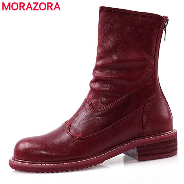 

morazora 2020 genuine leather boots women zip round toe autumn motorcycle western boots vintage punk ankle, Black