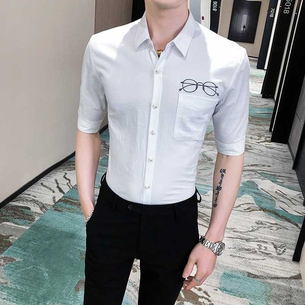 

british style summer white shirt men fashion 2020 glasses embroidery half sleeve men casual shirts slim fit front pocket blouses, White;black